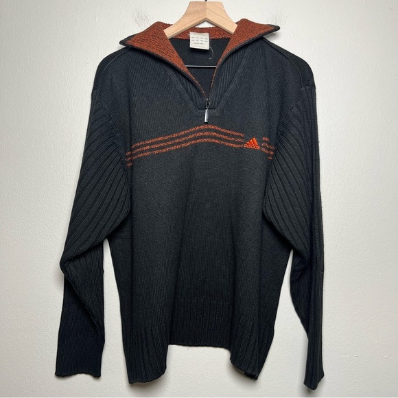 VTG 90s Adidas Men Sweater Large Japan Black Orange Thick Knit Stripe 1/4 Zip - Picture 2 of 12